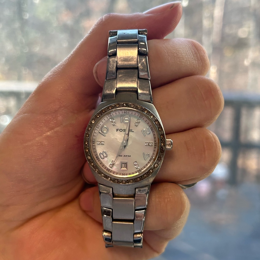 Fossil Silver And White Watch With Crystal Details